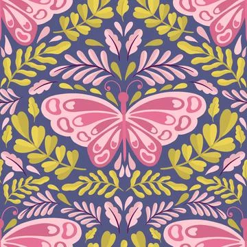 Butterfly and plant seamless pattern.Simple flat cute element insect.Cute Stock Illustration