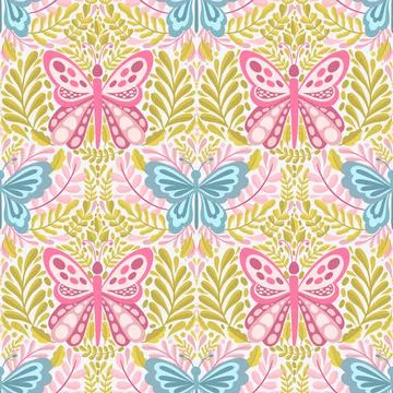 Butterfly and plant seamless pattern.Simple flat cute element insect.Cute Stock Illustration