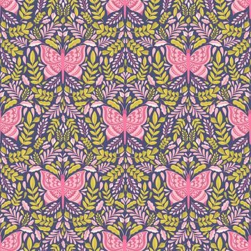 Butterfly and plant seamless pattern.Simple flat cute element insect.Cute Stock Illustration
