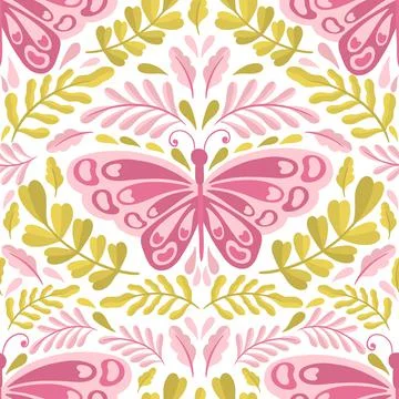 Butterfly and plant seamless pattern.Simple flat cute element insect.Cute Stock Illustration