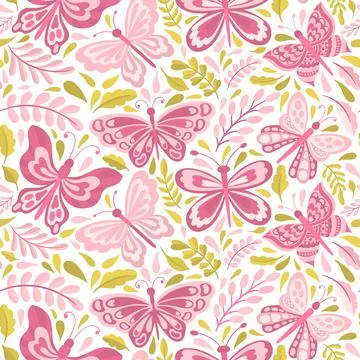 Butterfly and plant seamless pattern.Simple flat cute element insect.Cute Stock Illustration