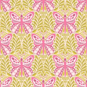 Butterfly and plant seamless pattern.Simple flat cute element insect.Cute Stock Illustration