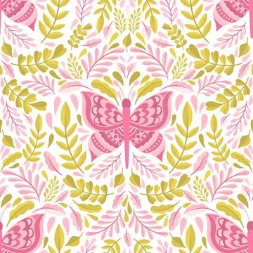 Butterfly and plant seamless pattern.Simple flat cute element insect.Cute Stock Illustration