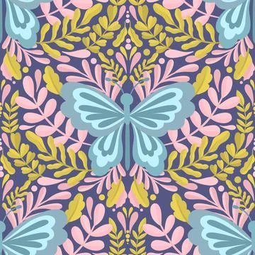 Butterfly and plant seamless pattern.Simple flat cute element insect.Cute Stock Illustration