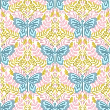 Butterfly and plant seamless pattern.Simple flat cute element insect.Cute 스톡 일러스트