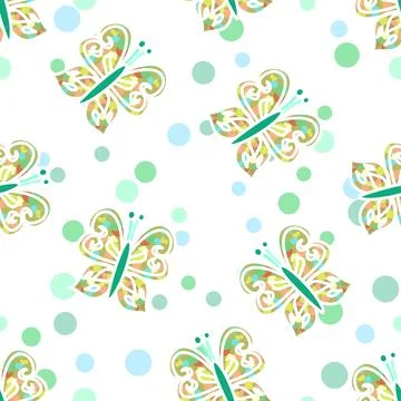 Butterfly And Polka Dot Repeat Pattern In Pale Green And Blue On White Stock Illustration
