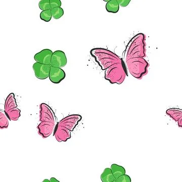 Butterfly and shamrock seamless pattern. Natural and animal print. Stock Illustration