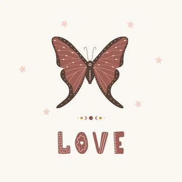Butterfly boho poster. Insect with celestial elements. Scandinavian design for Illustrazione stock