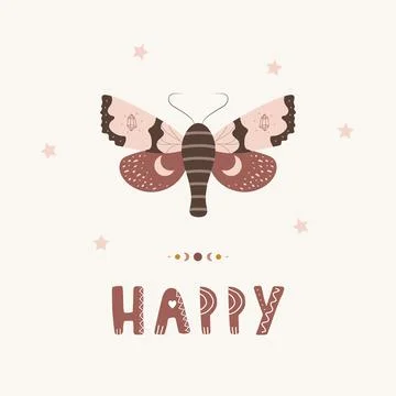 Butterfly boho poster. Insect with celestial elements. Scandinavian design for Illustrazione stock