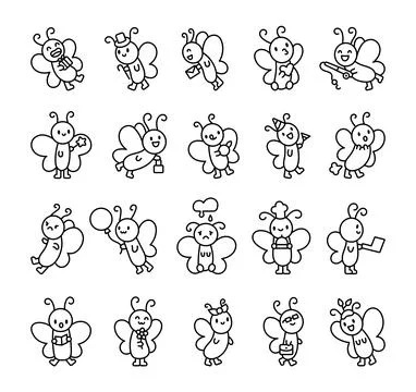 Butterfly character set featuring adorable wings Stock Illustration
