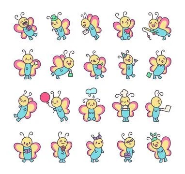 Butterfly character set featuring adorable wings Stock Illustration