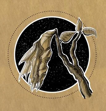 Butterfly cocoon on a tree branch. Linear ink drawing on craft paper Stock Illustration