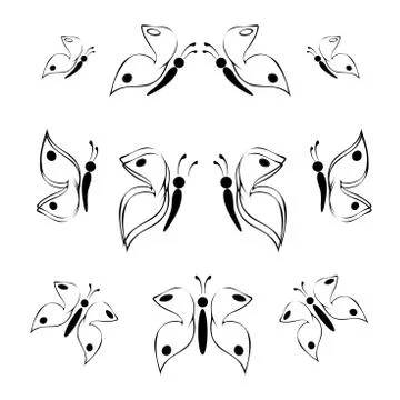Butterfly collection - vector silhouette, set of black and white icons. stick Stock Illustration