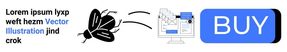 Butterfly, computer screen displaying bug report, and large BUY button. Ideal Illustrazione stock