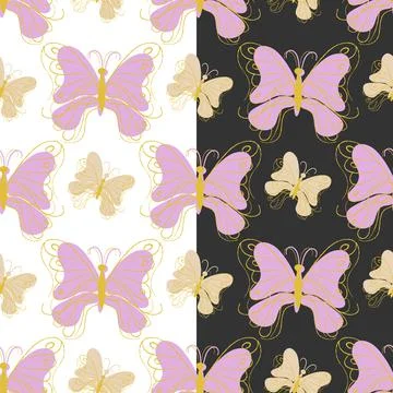 Butterfly cute seamless pattern. Outline yellow elegant contour image, lilac Stock Illustration