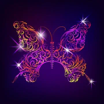 Butterfly with decorative ornamental pattern in doodle style Stock Illustration