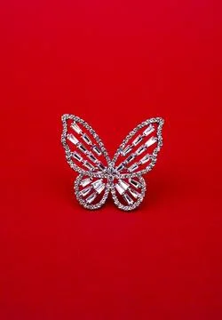 Butterfly designed Artistic Ring on Red Canvas Stock-Fotos