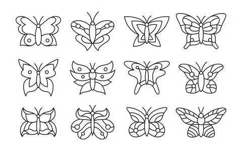 Butterfly doodle set icon moths stylized tropical insect black contour wings Stock Illustration