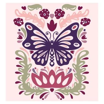 Butterfly. Folk-style pattern, symmetrical, detailed vector element. Rustic,  库存插图