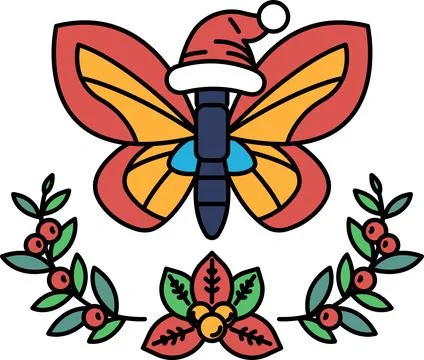 A butterfly with a hat on its head is surrounded by leaves and berries 스톡 일러스트