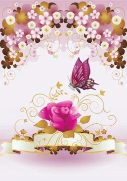 Butterfly Hovering Over A Rose Ilustração Stock