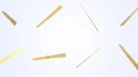Butterfly Knife Falling on a Light Blue Background. Golden Textured Knife 3D. 4K Stock Footage 311570427