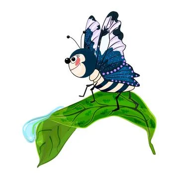 Butterfly on leaf isolated on white background. Cartoon moth crawling on leaf Stock Illustration