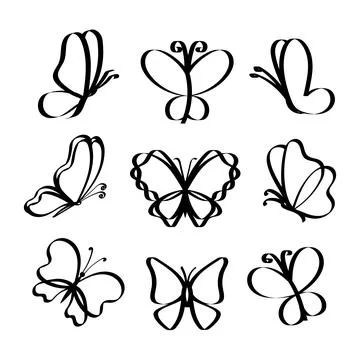 Butterfly line drawing elements set isolated on white background for logo or Stockillustratie
