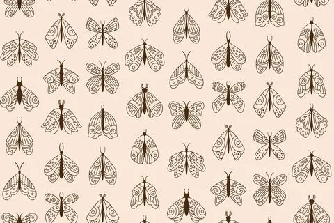 Butterfly moth doodle seamless pattern line bohemian insects repeat ornament Illustrazione stock