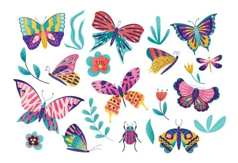 Butterfly moth insect vector illustration set, cartoon insects collection with Stock Illustration