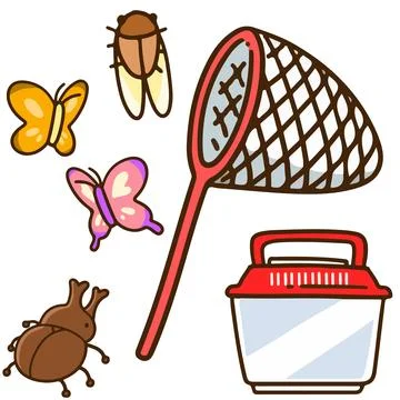 Butterfly net and bugs Red Set Stock Illustration