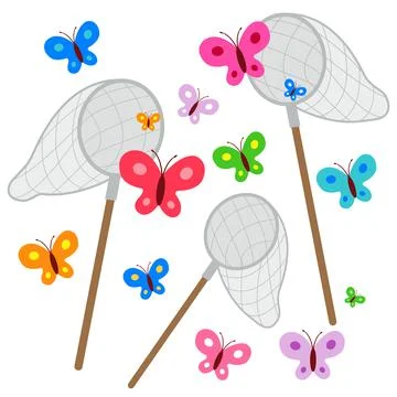 Butterfly nets catching butterflies. Vector illustration Stock Illustration