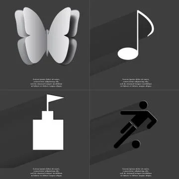 Butterfly, Note, Flag tower, Silhouette of football player icon sign. Set of  Stock Illustration