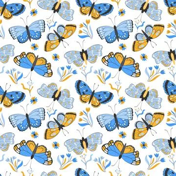 Butterfly pattern, cute flower and insects print. Abstract floral design, pre Stock Illustration