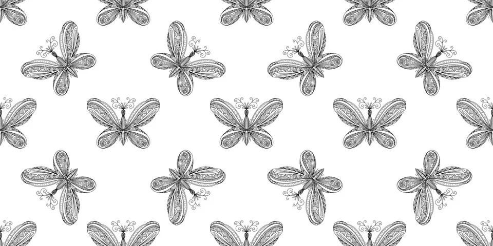 Butterfly pattern. Linear art. Black and white image of a butterfly. Coloring Illustrazione stock