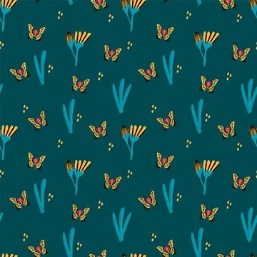 Butterfly pattern in tropical flowers. Background with fluttering doodles in Stock Illustration