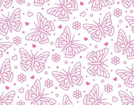 Butterfly seamless pattern. Flying insects with flowers, hearts background, cute Stock Illustration