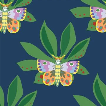 Butterfly seamless trendly pattern on blue background. Vector illustration Stock Illustration