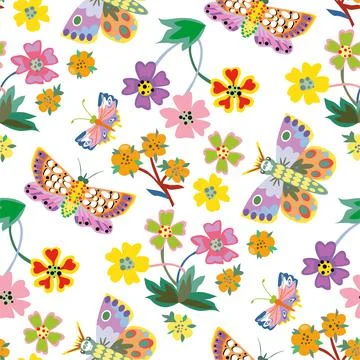 Butterfly seamless trendly pattern on white background. Vector illustration Stock Illustration