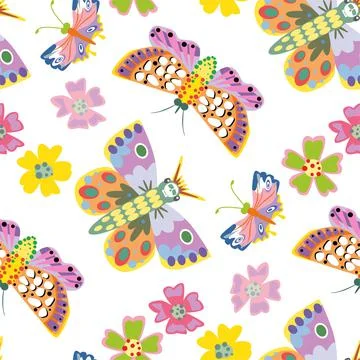 Butterfly seamless trendly pattern on white background. Vector illustration Stock Illustration