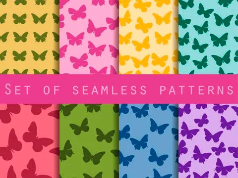 Butterfly. Set of seamless patterns with butterflies. Vector illustration. Stock Illustration