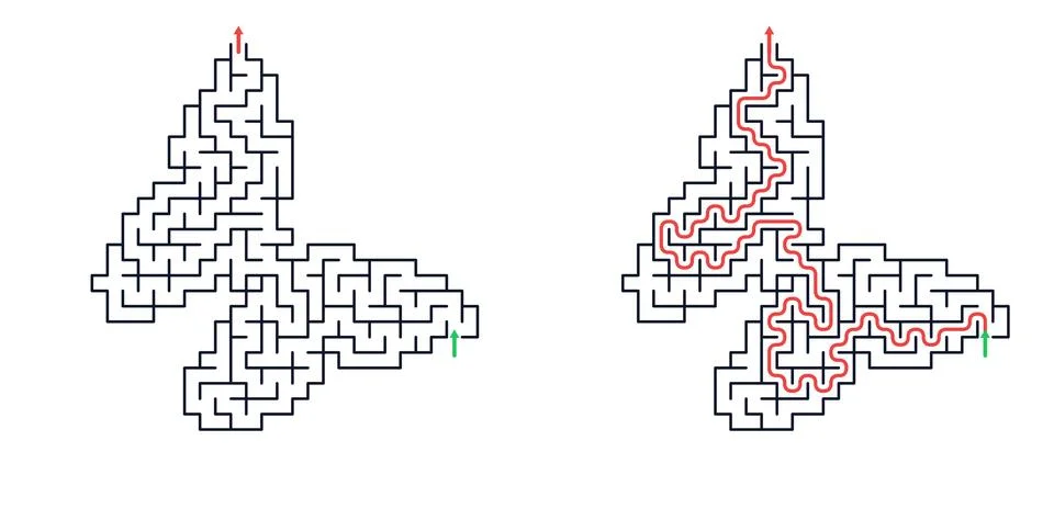 Butterfly shaped maze game with solution path. Educational puzzle for childre Stock Illustration