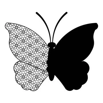 Butterfly Silhouette with Floral Pattern Wing Design Stock Illustration