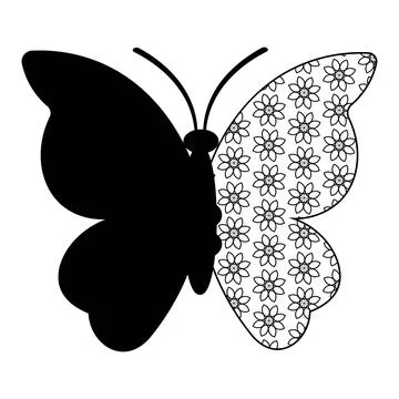 Butterfly Silhouette with Floral Pattern Wing Design Stock Illustration