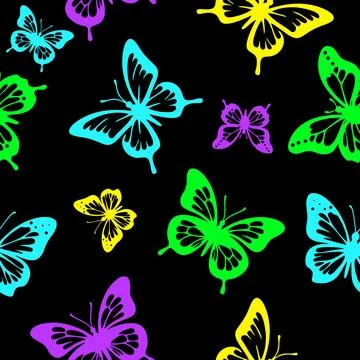 Butterfly silhouette seamless pattern magic black background design template Stock Illustration