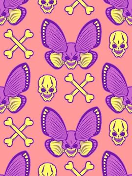 Butterfly Skull pattern seamless. Deadly Butterfly background. Insect Tatto.. Stock Illustration