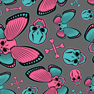 Butterfly Skull pattern seamless. Deadly Butterfly background. Insect Tatto.. Stock Illustration