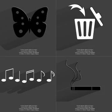 Butterfly, Trash can, Notes, Cigarette. Symbols with long shadow. Flat design Stock Illustration