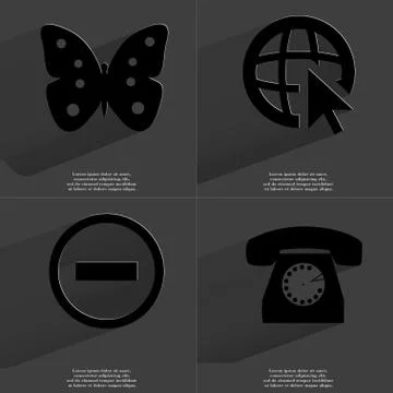 Butterfly, Web with cursor, Minus, Retro phone icon sign. Set of Symbols with Stock-Illustration