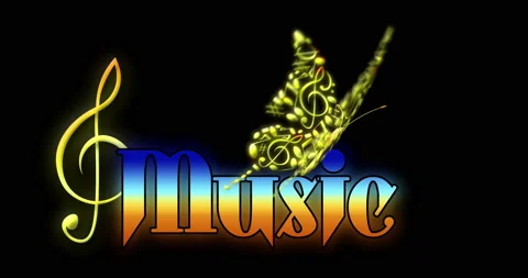Butterfly with wings made of musical notes flies and sits on the word music Stock Footage 156372382